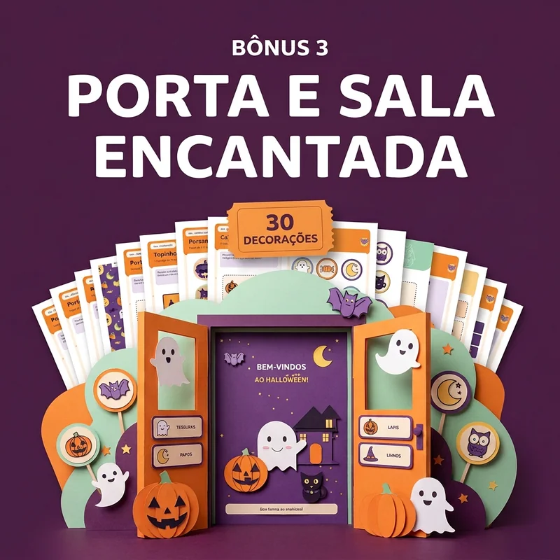 Capa Porta e Sala Encantada: 30 decorações, com prévias reais do portal, etiquetas e topinhos de Halloween