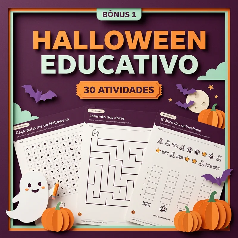 Capa Halloween Educativo: 30 atividades, com prévias reais de caça-palavras, labirinto e gráfico das guloseimas