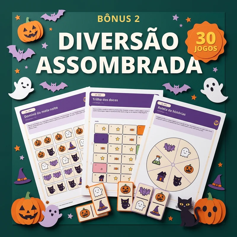 Capa Diversão Assombrada: 30 jogos, com prévias reais do dominó, trilha dos doces e roleta de histórias